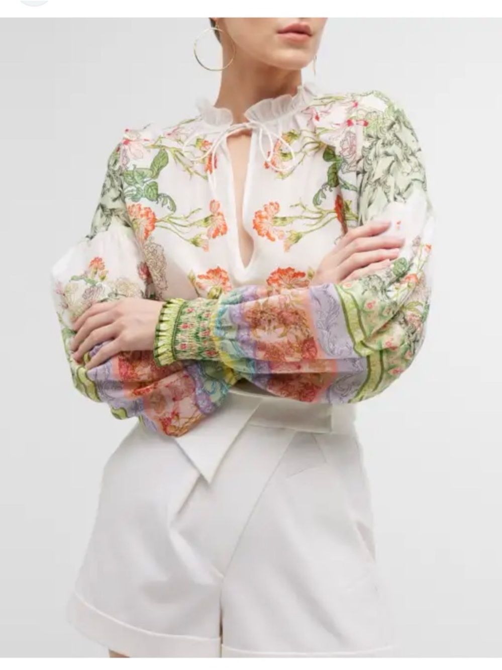 Alice + Olivia Julius Smocked-Cuff Silk-Blend Blouse Size XS